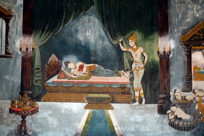 Affresco che raffigura una scena della vita del Buddha a Wat Phra Doi Suthep, Chiang Mai. Buddha come principe Siddharta lascia sua moglie e suo figlio. Thailandia da Unbekannt Unbekannt